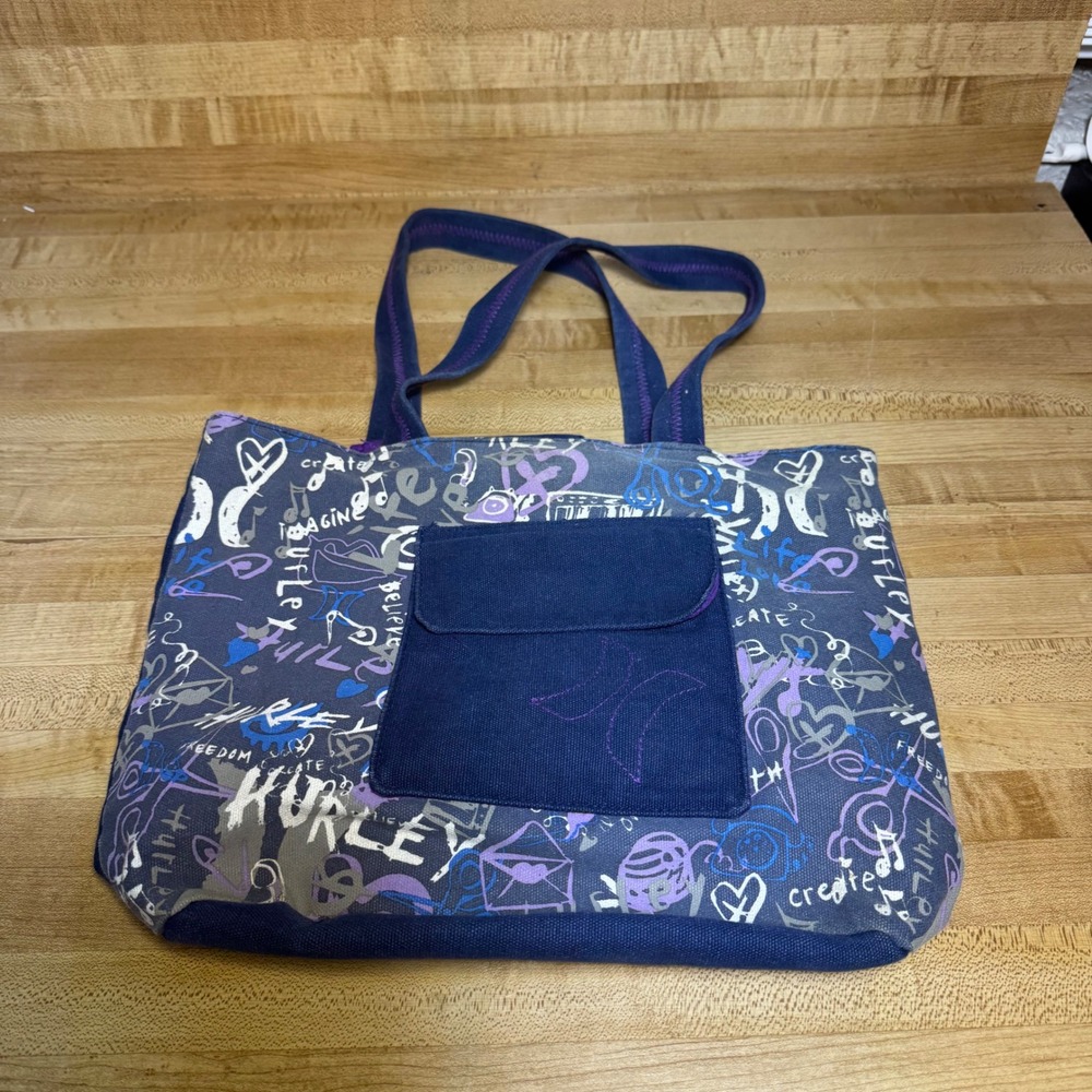 Hurley Canvas Tote Bag Navy Blue Purple Graffiti Print Y2K Beach Bag Handbag